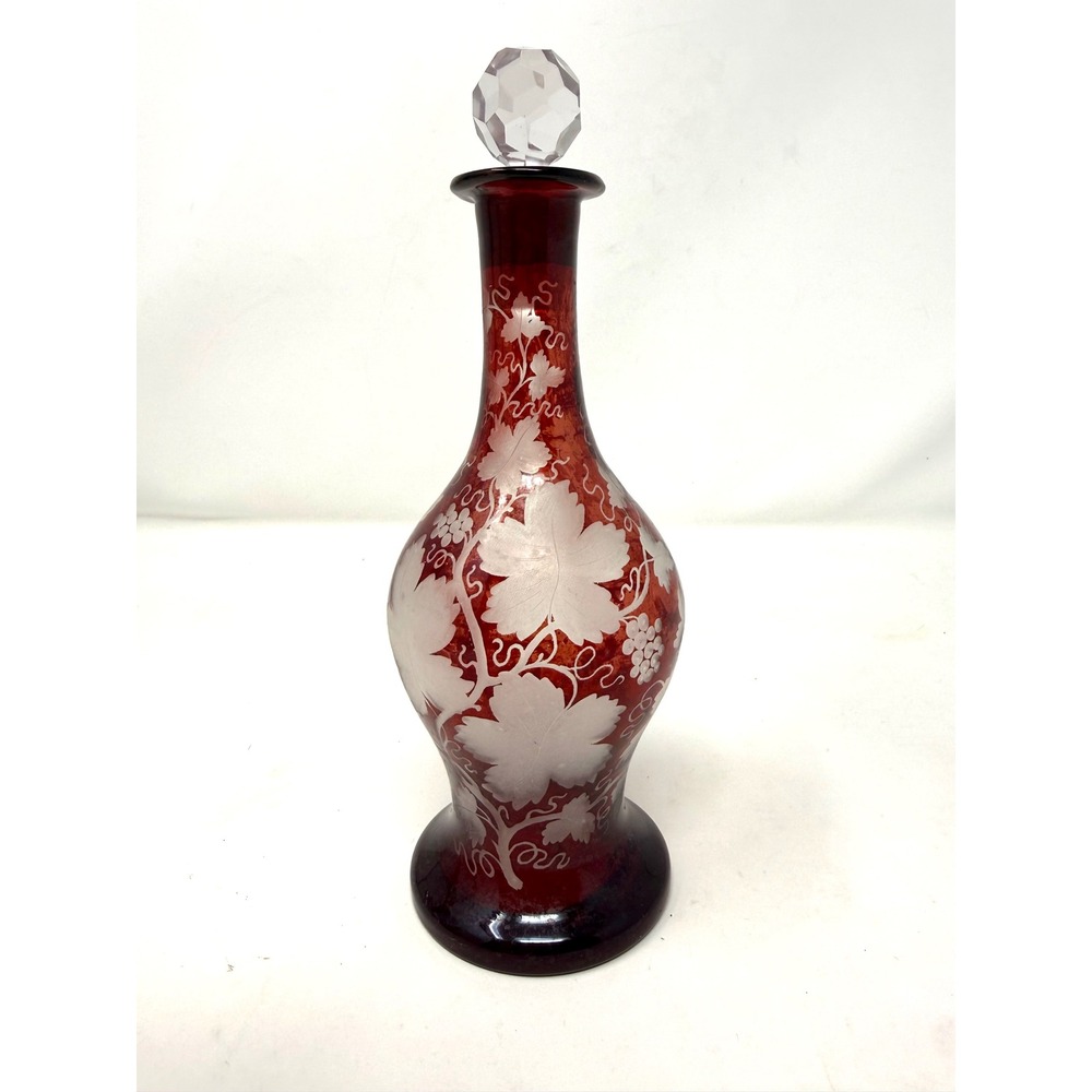 Vintage Bohemian Ruby Red Flashed Glass Decanter Etched Grape Vine Stopper